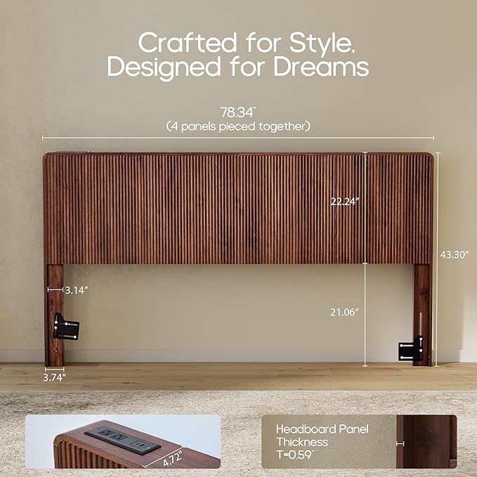 AVZEAR Wood Fluted Headboard King Size, Mid Century Modern King Headboard Only, Wall Mounted Headboard with 2 Outlets and USB & Type C Port, Curved Wooden Bed Headboards, Stylish Bedroom Decor, Walnut