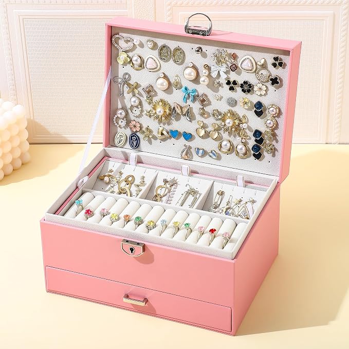 BOOVO Earring Jewelry Box For Women Girl Stud Organizer, 5 Layers Girl Jewelry Organizer Box With Lock Earring Holder Organizer Necklace Ring Jewelry Organizer Box For Girls (Pink) - Image 8