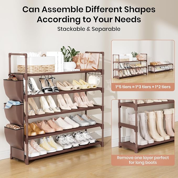 VILICK Shoe Rack for Closet Shoe Organizer Space Saver Storage for 20-25 Pair Shoe Shelf with Hook and Side Pocket Free Standing 5 Tier Shoe Rack Organizer for Entryway,Small Spaces, Brown - Image 5