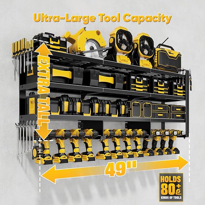 POKIPO 49" W Large Power Tool Organizer Wall Mount, 4 Layer Heavy Duty Loads 800 lbs, Tool Storage Rack Holds 12 Cordless Drills, Large Capacity Battery Holder for Garage, Gift for Men - Image 6