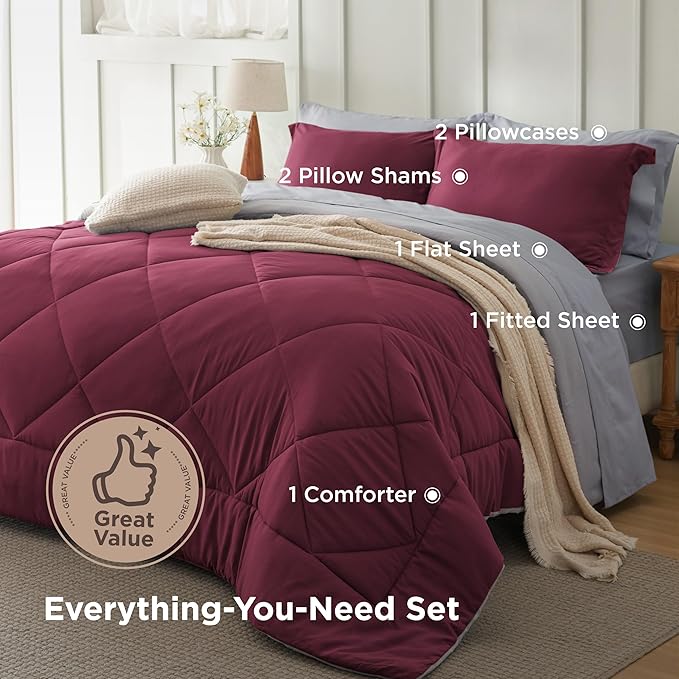 Bedsure Full Size Comforter Set - 7 Pieces Reversible Burgundy Bedding, Full Size Bed Set for All Seasons, Bed in a Bag with Down Alternative Comforter, Sheets, Pillowcases & Shams