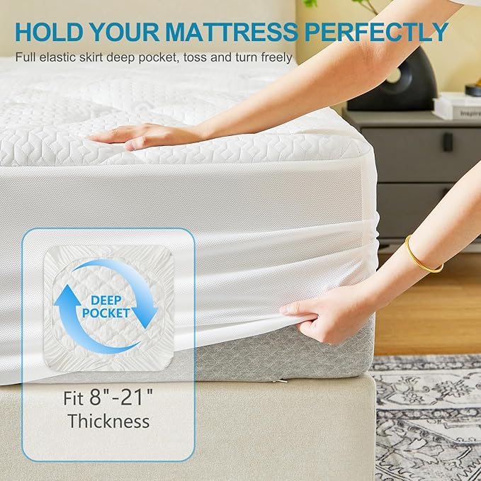 Mattress Topper King Size, Extra Thick Quilted Fitted Mattress Pad Cover, Cooling Breathable Silk Mattress Protector with Soft Down Alternative Filling (8-21" Deep Pocket)