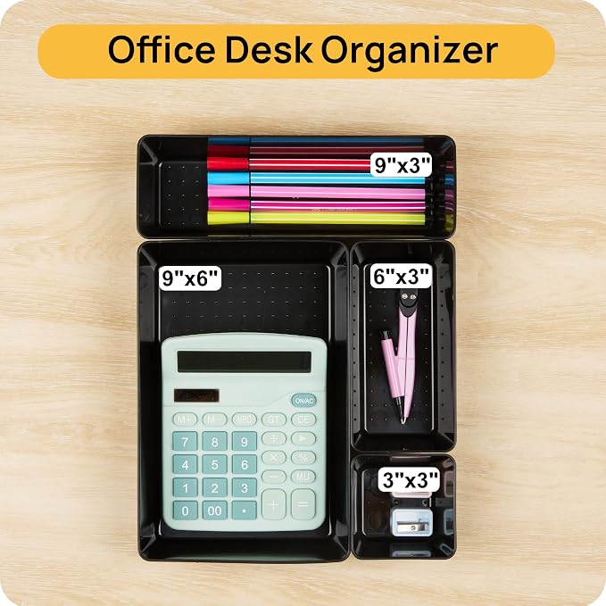 Vtopmart 25 PCS Office Desk Drawer Organizers Set, 4-Size Versatile Plastic Drawer Organizer Trays, Storage Bins for Desk Accessories Office Organizers and Storage, Bathroom, Makeup, Vanity, Black - Image 6