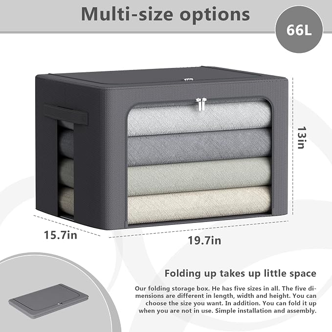 CYhom 3Pack Stackable Clothes Storage Bins - Oxford Frame Storage Box Foldable Clothing Storage Container Organizer Set with Clear Window & Carry Handles Large Capacity (Dark Gray, Large-66L) - Image 6