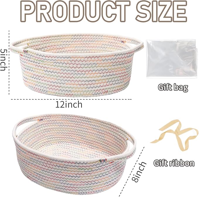JMvicyroam Woven Basket,Small Rope Storage Bin with Handles & Ribbon Bag, Organizer for Shelves Closets,Gift Basket Empty for Birthday,Books,Dog Toys, Colorful/2 Pack - Image 2