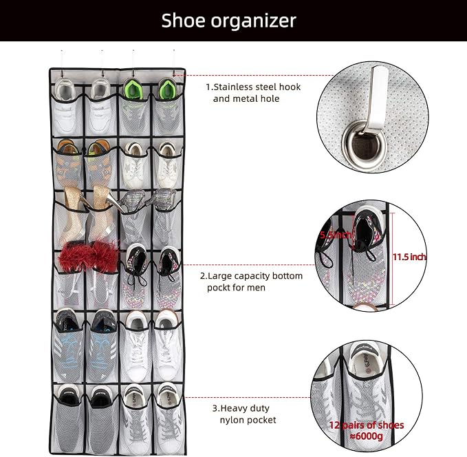 SAVERHO Hanging Shoe Organizer, Over The Door Shoe Organizer with 24 Mesh Large Pockets Door Shoe Rack for Men Women Kids Hanging Door Shoe Holder Size:58x21 Inch (White-2pack) - Image 4