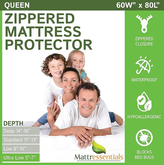 Zippered Queen Mattress Protector (5"-7" Depth) - Bed Bug Waterproof Mattress Cover, Premium Quality Hypoallergenic Encasement White