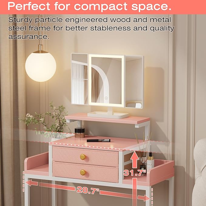 HIGDBFE Vanity Desk with Mirror and Lights, 28.4''W Small Makeup Vanity Table with Height-Adjustable Stand, 2 Fabric Drawers Compact Makeup Desk, Gift for Girls, Bedroom Small Space, Pink