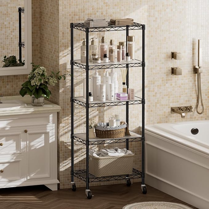 SINGAYE 5 Small Shelf Storage Wire Shelves Closet Bathroom Organizers Metal Pantry Kitchen Garage Shelving Unit Laundry Room Organization Home Narrow Rack Net Basket with Wheels Black - Image 8