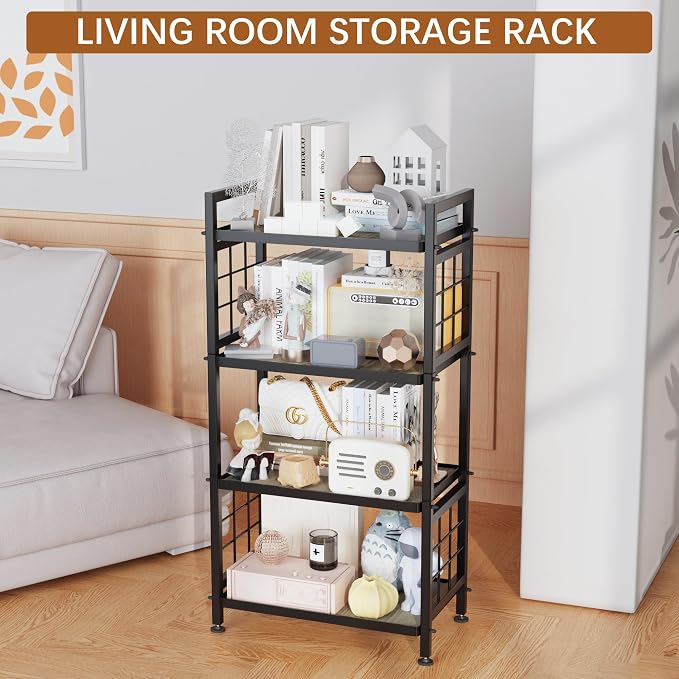 GIOTORENT 4-Tier Pantry Shelves with Wooden Boards, Heavy Duty Storage Shelves & Book Shelf, Adjustable Metal Shelving Unit for Kitchen Bathroom Laundry Organizer, Sturdy Rust-Resistant, Black - Image 5