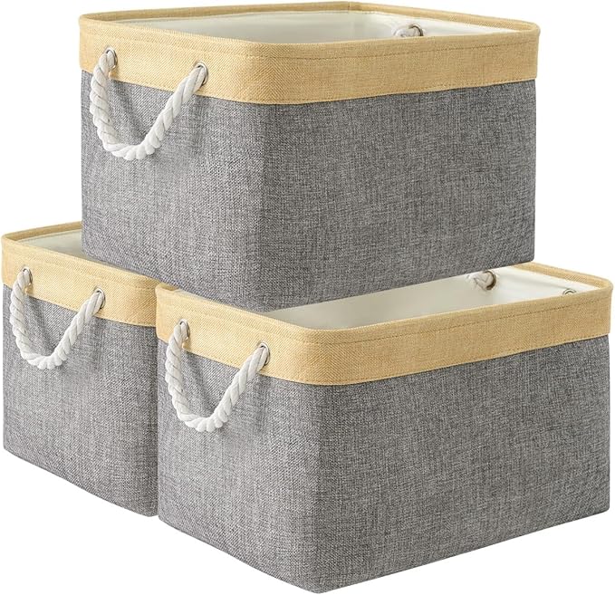 TheWarmHome Storage Basket for Organizing - Fabric Large Cubes 3 Pack 16x12x12 inch Baskets, Cube Storage Bin for Shelves Organizer Closet Cloth Gift Toy (Gold & Grey) by TheWarmHome