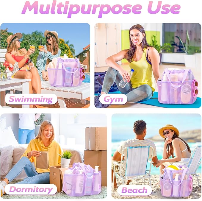 famichan Mesh Shower Caddy Portable with Drawstring, Dorm Room Essentials for College Students Girl & Boy, Larger Shower Bag for Camping,Swimming,Gym,Travel,Bathroom - Purple - Image 7