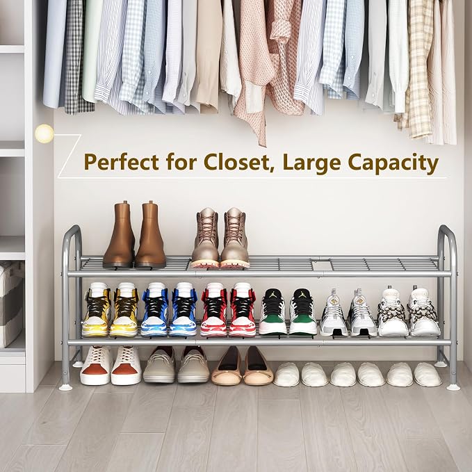 LINZINAR Shoe Rack 2 Tier Storage Organizer for Closet Entryway Metal Grey - Image 4