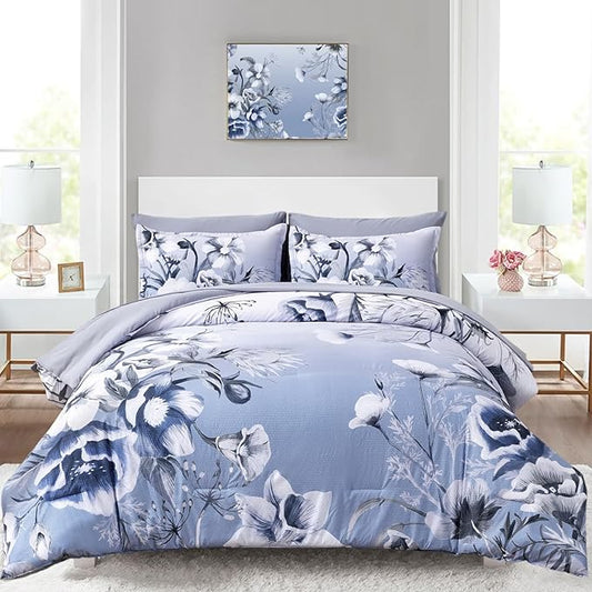 Luxudecor Floral Comforter Set Queen Size 7 Piece, Blue Flower Bed in a Bag, Elegant Gradient Floral Comforter with Sheet Set, Soft Seersucker Microfiber Bedding Set for All Season (Blue, 90"x90")
