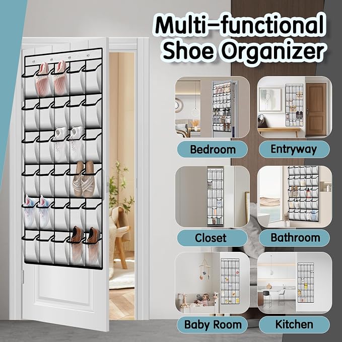 Kotkn Over the Door Shoe Organizer with 30 Breathable Mesh Pockets - Large Capacity Closet Storage for Men & Women, Hanging Shoe Rack Organizer (White) - Image 5