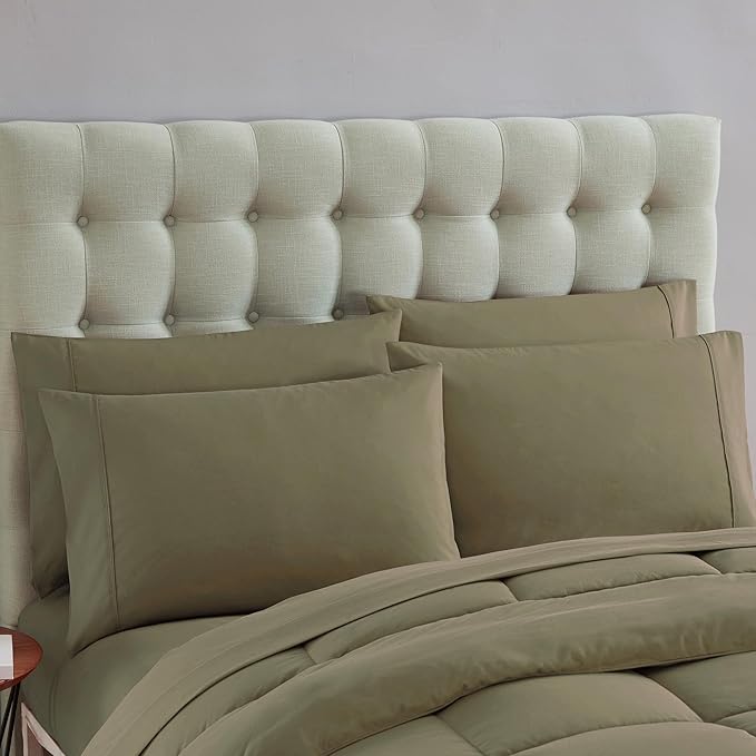 Sweet Home Collection 7 Piece Comforter Set Bag Solid Color All Season Soft Down Alternative Blanket & Luxurious Microfiber Bed Sheets, Sage, Full