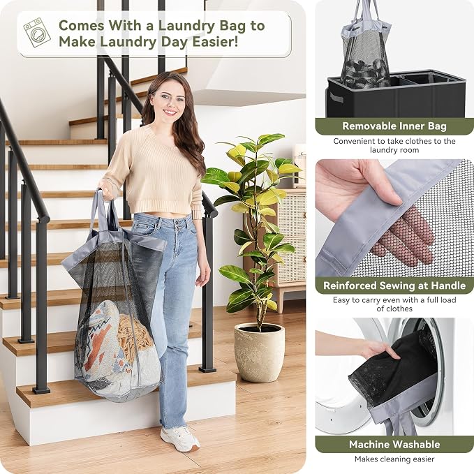 SOLEDI 160L Laundry Hamper 3 Section, Extra Large Laundry Hamper with Lid, Dirty Clothes Hamper with Sturdy Handle, Large Laundry Basket Organizer for Laundry Room, Bedroom, Hampers for Laundry - Image 3