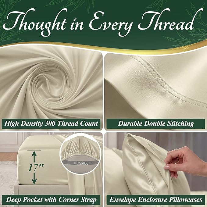 DECOLURE 100% Viscose Derived from Bamboo Sheets King Size - Luxury 6 Pc Naturally Cooling Sheets, Ultra Soft Bed Set - Deep 17" Pockets, Durable Double Stitching, Oeko Tex Standard (Creme)