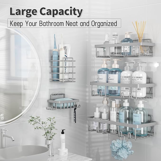 Liuoud 10 Pack Shower Caddy Organizer Rack Shelf for Inside Shower, Self Adhesive Wall Storage Basket Rustproof Stainless Steel Shampoo Holder Bathroom Accessory Decor Set, Grey - Image 3