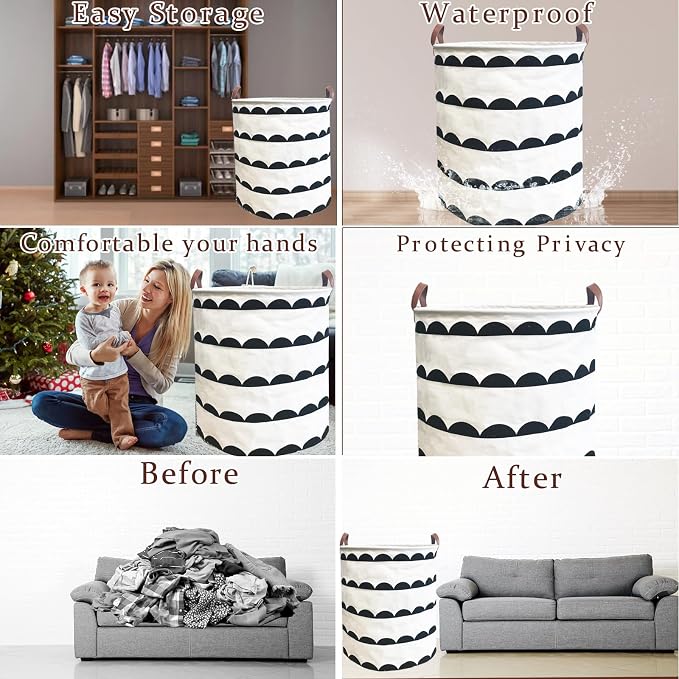 Waterproof Laundry Hamper Collapsible Laundry Basket Leather Handle Laundry Bag Large Clothes Storage Toy Organization for Bathroom Bedroom Laundryroom College Dorms (Hege-003) - Image 3