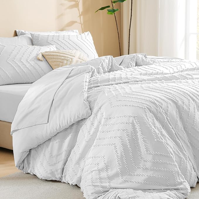 Litanika Super King Size Comforter Set with Sheets White - 7 Pieces Bed in a Bag Oversized King Boho Tufted Complete Bedding Sets with Comforter, Sheets, Pillowcases & Shams