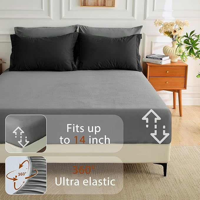 MUXHOMO 7 Pieces Queen Comforter Set, Soft Bed in a Bag Queen Size, All Season Bedding Set with Comforter, Flat Sheet, Fitted Sheet, Pillowcases & Shams, Black & Grey