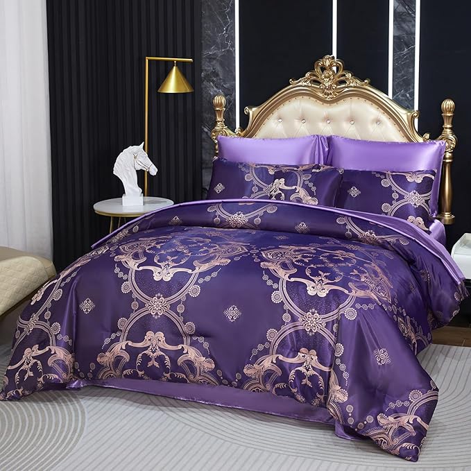 Purple Jacquard Comforter King Bedding with Satin Sheet Set Royal Embroidery Neoclassical Floral Home Decor Soft Luxury Hotel Bed in a Bag 8 Pcs