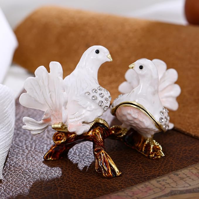 Hand Painted Animal Trinket Box for Home Decor, Hinged Jewelry Organizer Storage, Unique Personalized Collectible Keepsake Figurine Handmade Decorative Ornament Gifts (Dove Couple) - Image 6