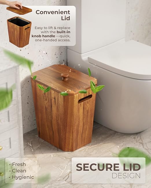 BLUEWEST 2.6 Gallons Acacia Wooden Wastebasket with Lid & PP Liner – Small Trash Can for Bathroom, Bedroom, Office – Decorative Wood Bin with Handle for Under Counter Use - Image 7