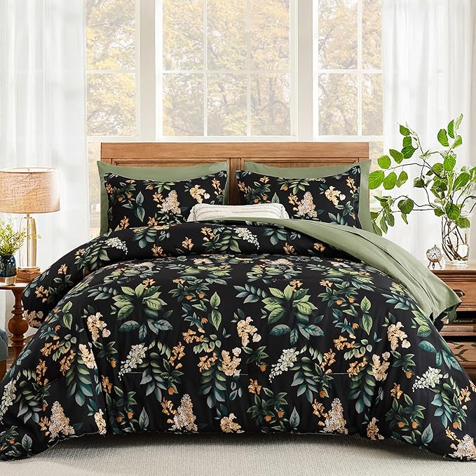 Cottolester Black Comforter Set Queen Size Floral 7-Piece Bedding Set,Botanical Comforter Set with Pillowcases,Soft Microfiber Complete Bedding Sets for All Season