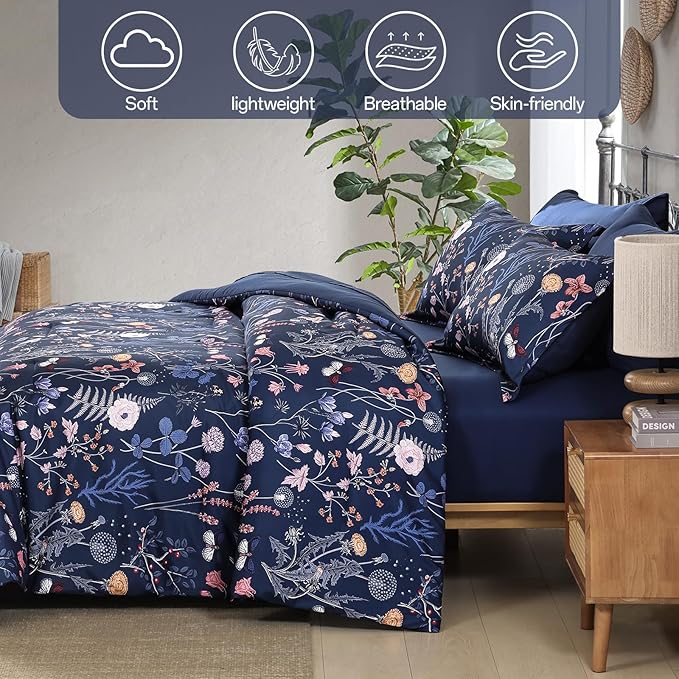 Yiran Queen Comforter Set, 7 Pieces Navy Blue Floral Soft Bedding Sets, Queen Bed in a Bag with Botanical Flowers Winter Comforter, Sheets, Pillowcases & Shams