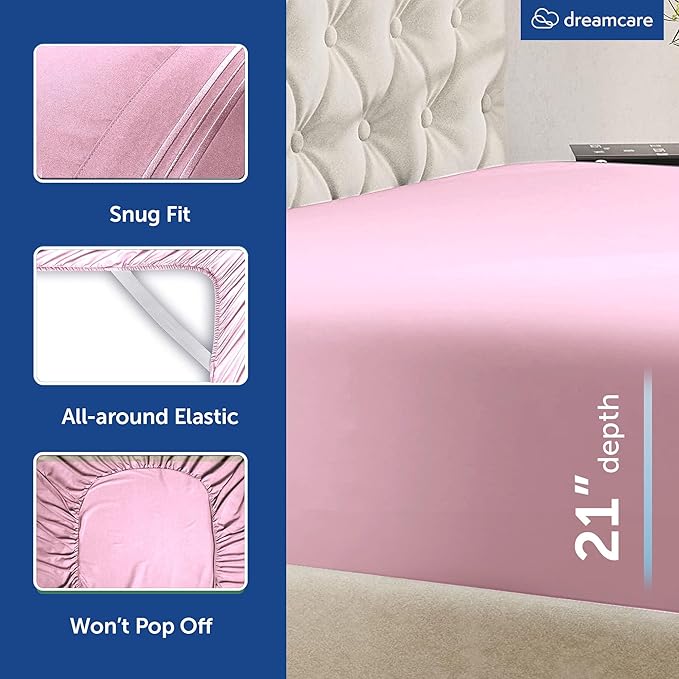 DREAMCARE King Size Sheets Set – 4 pcs Super Soft & Lightweight Cooling Sheets – up to 21” Deep Pocket King Sheet Set – Hotel Luxury Sheets & Pillowcases – 100% Fine Microfiber with Side Pocket, Pink
