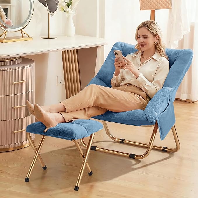 Kasunpul Comfy Saucer Chair, Foldable Living Room Chairs, Soft Faux Fur Lounge Chair for Bedroom, Reading Chairs for Adults, Teens, X-Large (Blue)