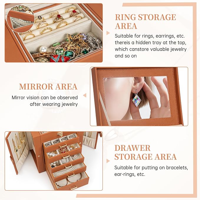 AKOZLIN Jewelry Box Organizer Functional Leather Jewelry Storage Case for Women Girls Ring Necklace Earring Bracelet Holder Organizer with Mirror - Image 3