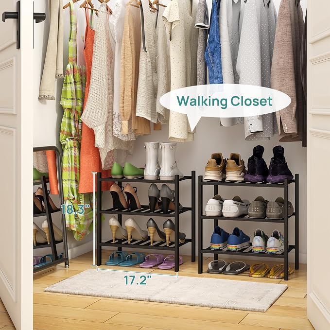 viewcare Small Shoe Rack for Entryway,3-Tier Black Bamboo Shoe Organizer for Hallway Closet, Free Standing Shoe Racks for Indoor Outdoor - Image 4