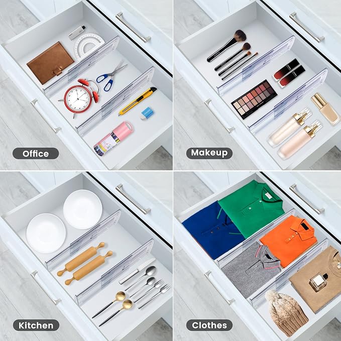 4 Pack Adjustable Drawer Dividers for Clothes,5" High Expandable From 13-21" Clear Drawer Organizers, PC Plastic Separators for Dresser/Bedroom/Bathroom/Kitchen/Office Storage - Image 6