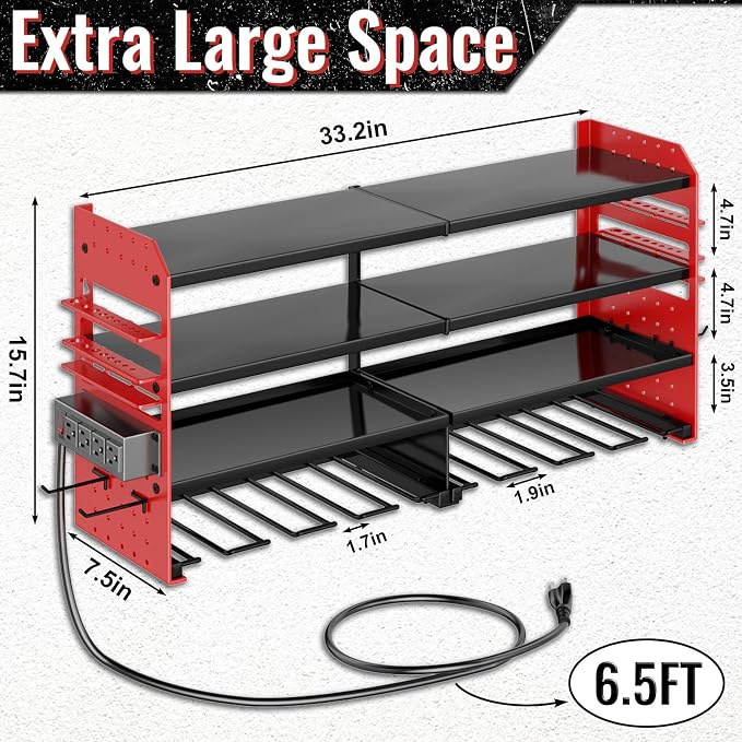 Large Power Tool Organizer Wall Mount with Charging Station, 4 Layer Heavy Duty Metal Cordless Tool Organizer, Tool Storage Rack with 8 Cordless Drill Holder Screwdriver Hammer(Red) - Image 2