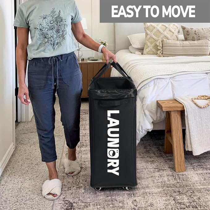 Goodpick Laundry Basket with Wheels, 2-Pack 75L Rolling Laundry Hamper with Removable Wash Bags, Collapsible Laundry Basket for Corner Dorm, Black - Image 5