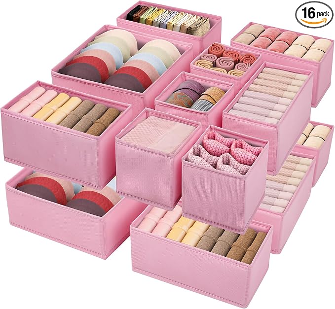 Drawer Clothing Organizer 16-Pack, Pink 3 Sizes Underwear Drawer Dividers, Fabric Folding Wardrobe Organizer for Baby Clothes, Bras, Underwear, Underpants, Belts, Socks, Ties, etc. by WRRLORS