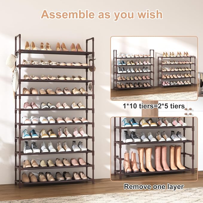 VTRIN 10 Tiers Shoe Rack Tall Large Capacity Wide Shoe Organizer Sturdy Shoe Shelf for Entryway with Two Hooks Metal Shoe Storage for Closet, Bedroom, Brown - Image 5