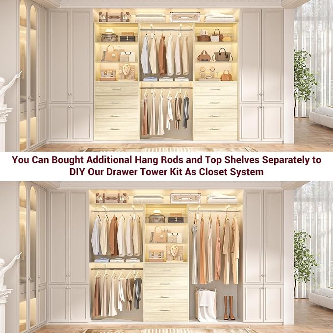 Aheaplus Wood Closet Organizer System with 4 Drawers, Modular Walk-in Closet Storage Unit, Small Closets Wardrobe Rack, Tall Storage Cabinet Unit, White Oak - Image 6