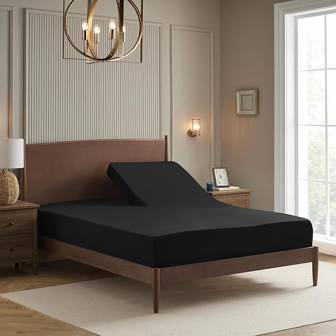 Split Head King Sheets Set for Adjustable Beds 4 Piece Flex Top Bed Sheets – Deep Pocket Split Top Fitted Sheet with Built-in Corner Straps, Luxury Soft Cooling Bedding, Wrinkle Resistant, Black