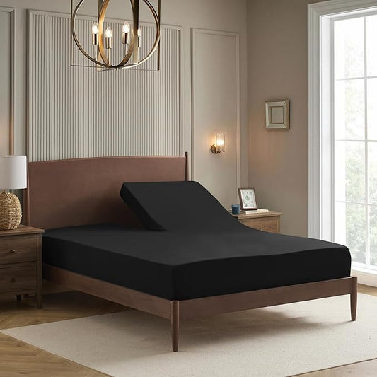 Split Head King Sheets Set for Adjustable Beds 4 Piece Flex Top Bed Sheets – Deep Pocket Split Top Fitted Sheet with Built-in Corner Straps, Luxury Soft Cooling Bedding, Wrinkle Resistant, Black