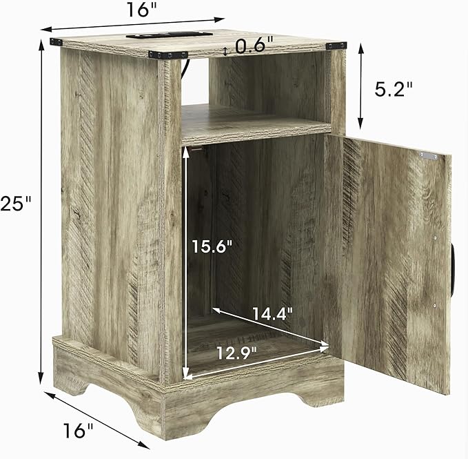 RoyalCraft 25" Tall Farmhouse Nightstand with Charging Station, Grey End Table with Storage, Large Wooden Rustic Bedside Table for Bedroom, Light Grey