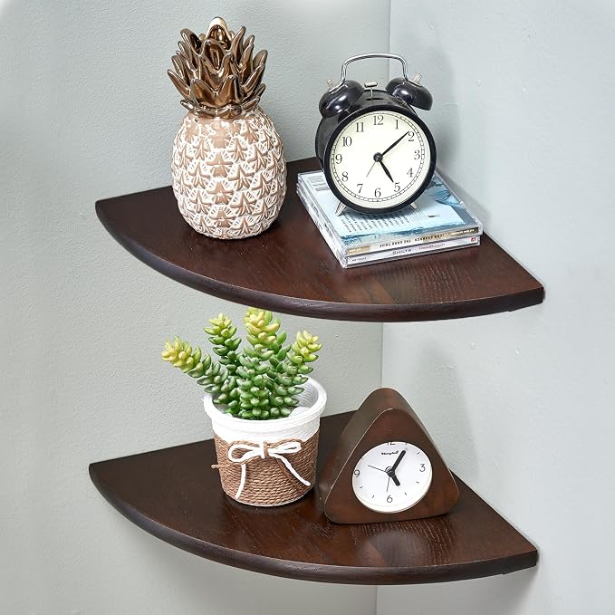 Corner Shelves, Floating Corner Shelf, Set of 2 10inch Solid Oak Wood Corner Wall Shelves, Round End with Wire Hole for Small Plant for Bedroom Kitchen, Living Room by Coamily