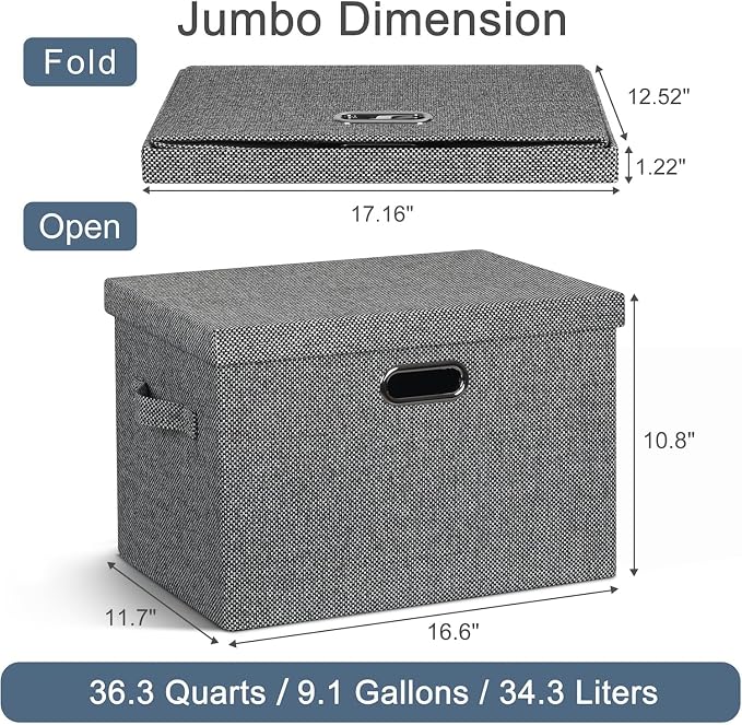 Graciadeco Large 17" 36 Quart Collapsible Stackable Storage Bins with Lids, 3 Packs Black and White Mix Linen Fabric Closet Boxes with Lids, Storage Cube Baskets Container Organizers (17x12x11) - Image 2