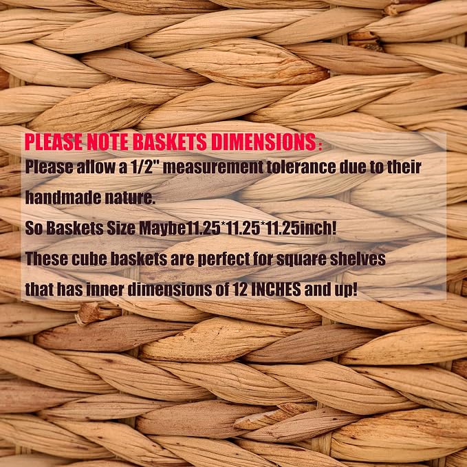 11x11in Storage Baskets 4 Pcs Square Baskets for Cube Shelf,Foldable Handwoven Water Hyacinth Storage Bins for Laundry Organizer - Image 3