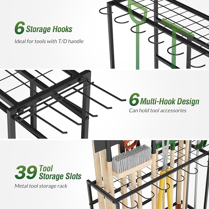 Garden Tool Organizer Rack with Wheels Up to 39 Tools, Heavy-Duty Steel Yard Tool Organizer for Garage Storage with 12 Hooks, Broom Holder & Garden Tool Rack for Shed, Patio, Outdoor Use, Black - Image 3