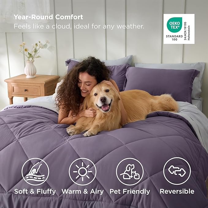 Bedsure King Size Comforter Set - 7 Pieces Reversible Grayish Purple Bedding, King Size Bed Set for All Seasons, Bed in a Bag with Down Alternative Comforter, Sheets, Pillowcases & Shams