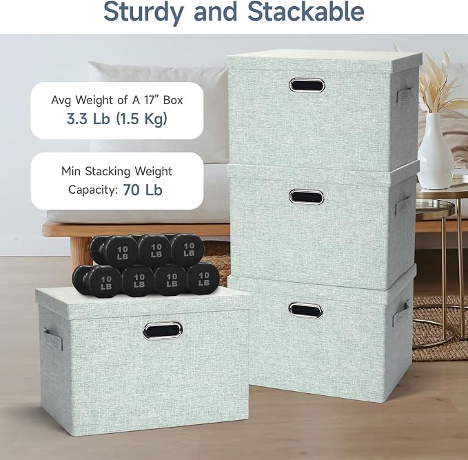 Graciadeco Large 17" 36 Quart Collapsible Stackable Storage Bins with Lids, 3 Packs Light Green Linen Fabric Closet Boxes with Lids, Storage Cube Baskets Container Organizers for Office (17x12x11) - Image 3